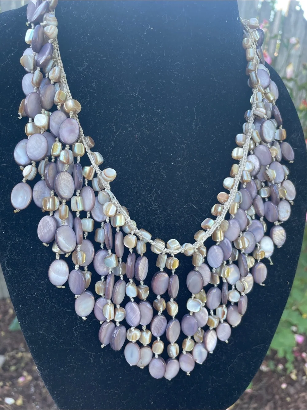 Mother of Pearl Bib Necklace purple and natural color